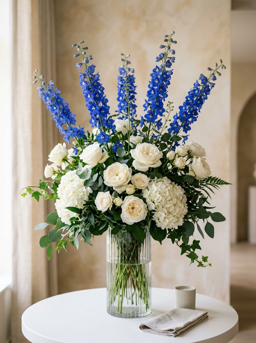 Plaza Hollandi Grand Blue Delphinium and White Rose Centerpiece