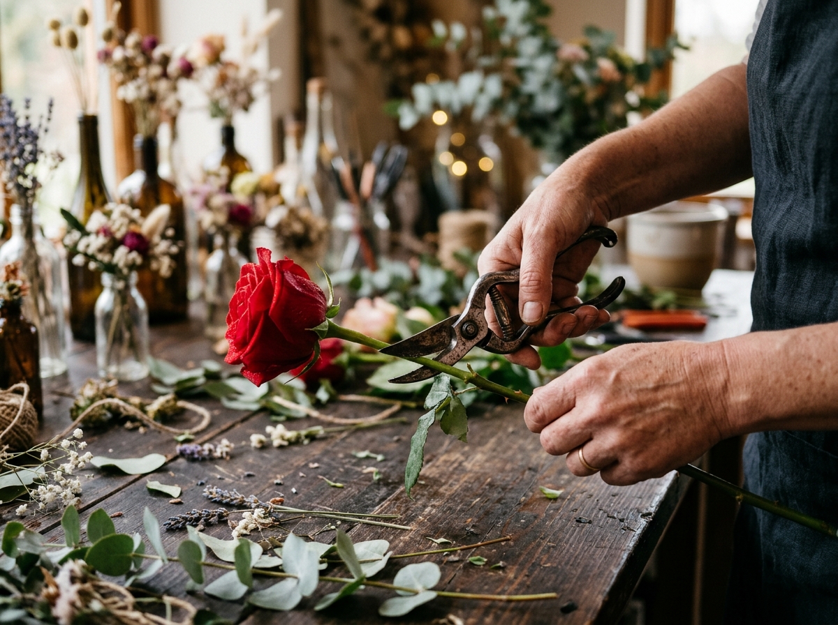 Plaza Hollandi Florist Artisan Trimming Fresh Red Rose with Shears