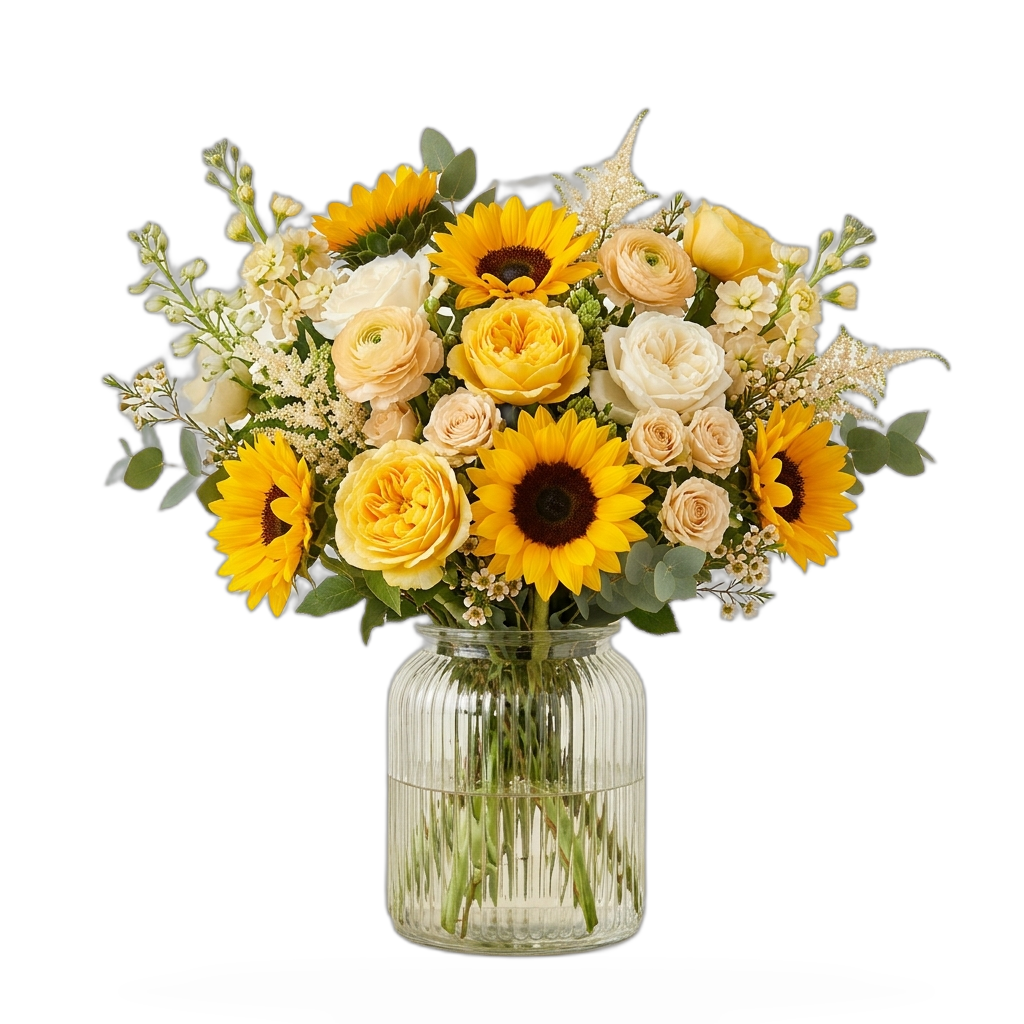 Congratulations golden sunflowers and luxury garden roses in fluted glass vase