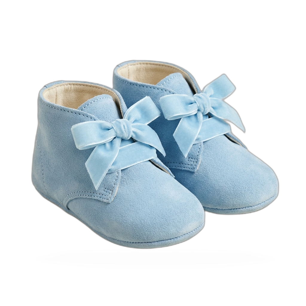 New Born pastel baby blue suede booties with velvet ribbon bow