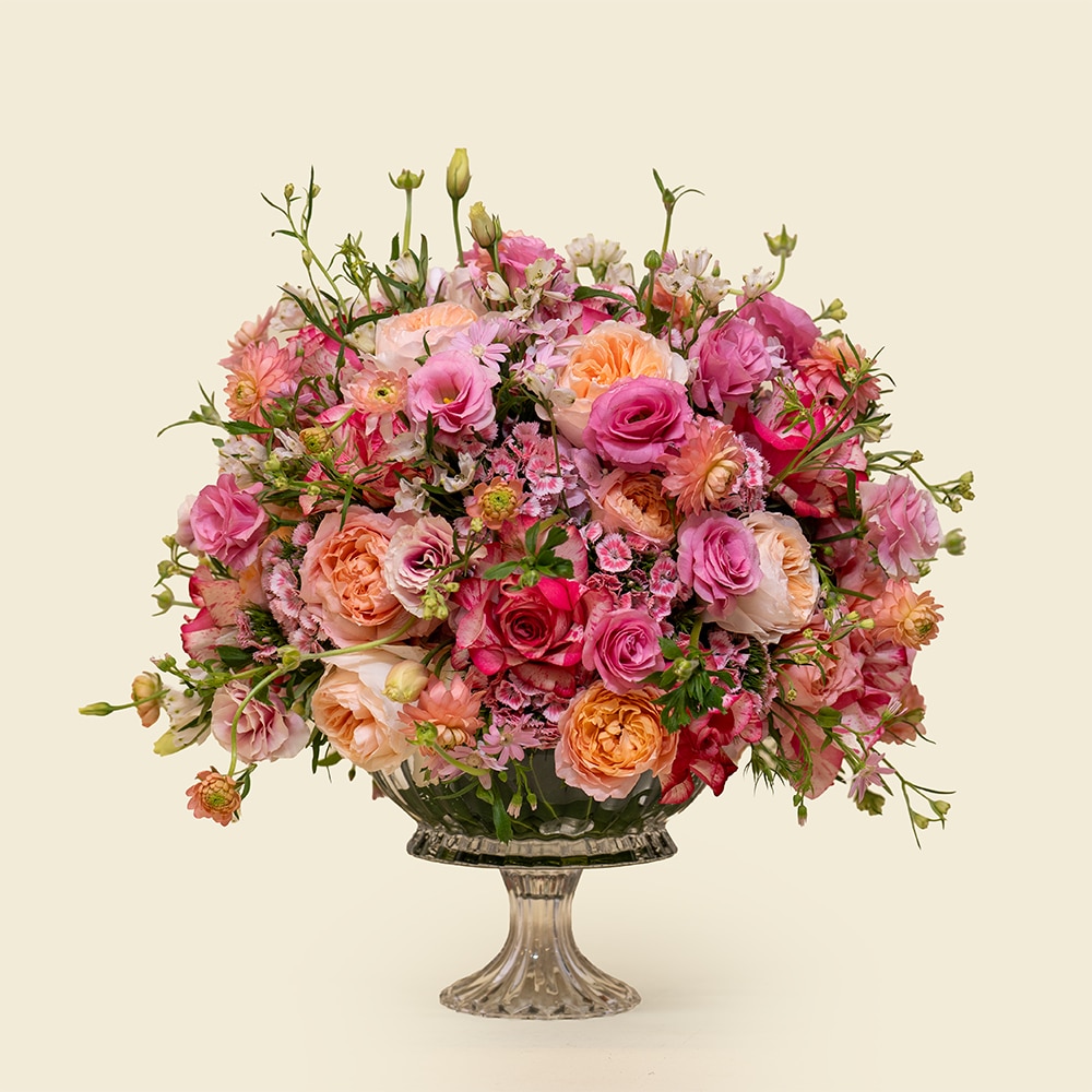 Blushing Peach & Pink Garden Medley in Signature Glass Vase