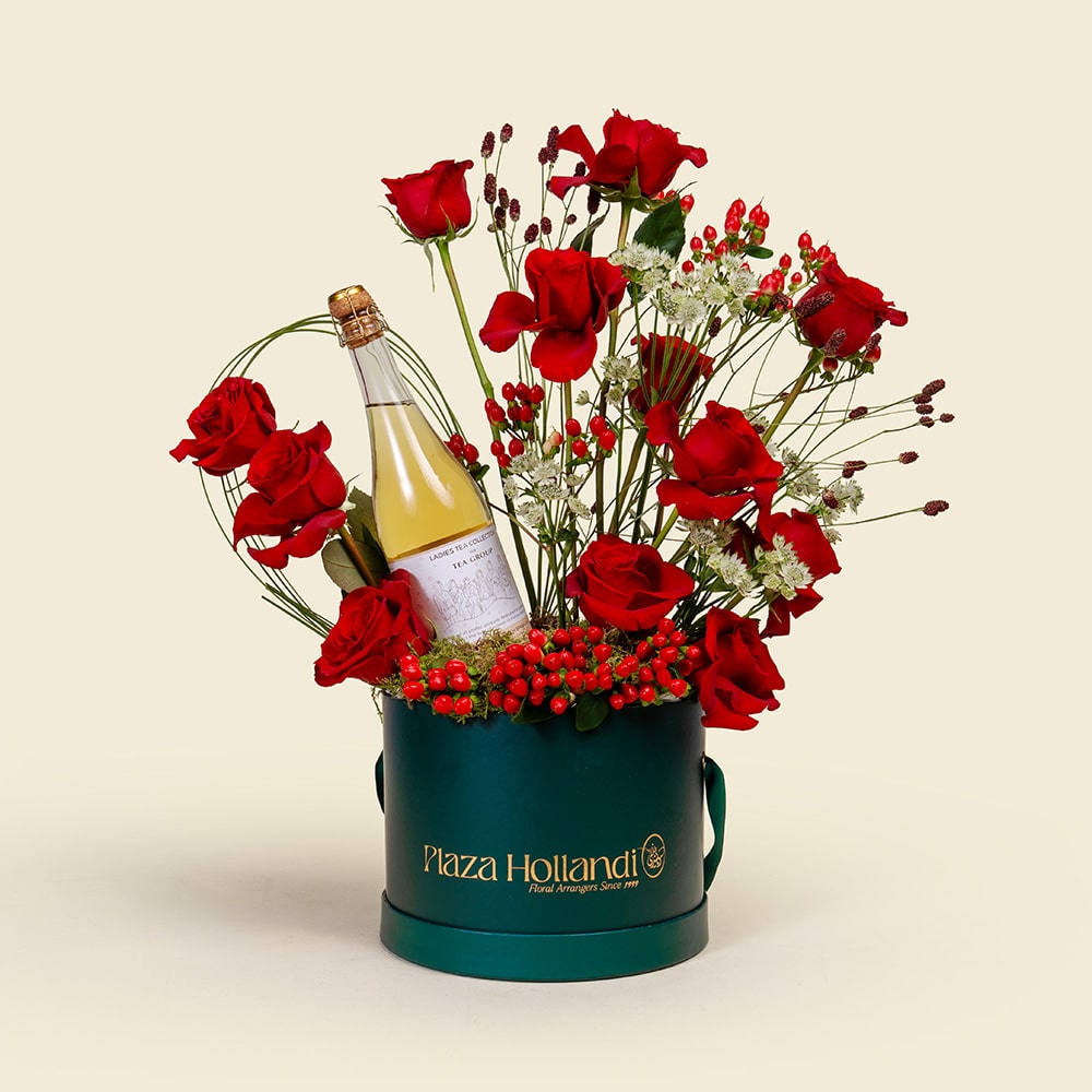 Crimson Celebration – Red Roses with Peach & Jasmine Sparkling Tea Gift Box