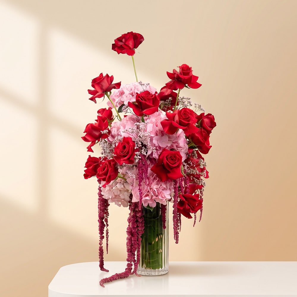 Luxury Red Roses & Pink Hydrangea Vase Arrangement with Amaranthus