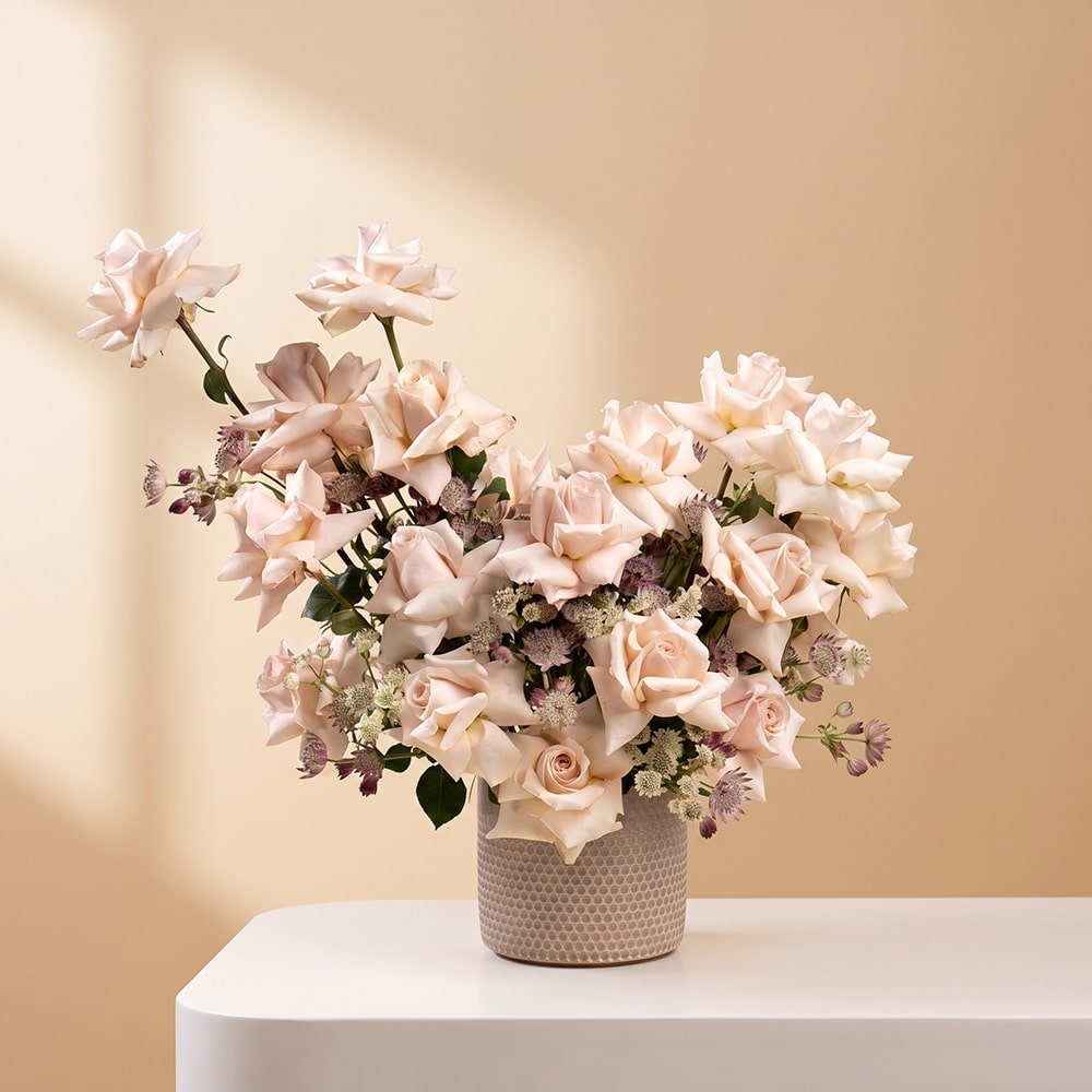 Blush Roses & Astrantia in Textured Ceramic Vase – Elegant Fresh Flower Arrangement