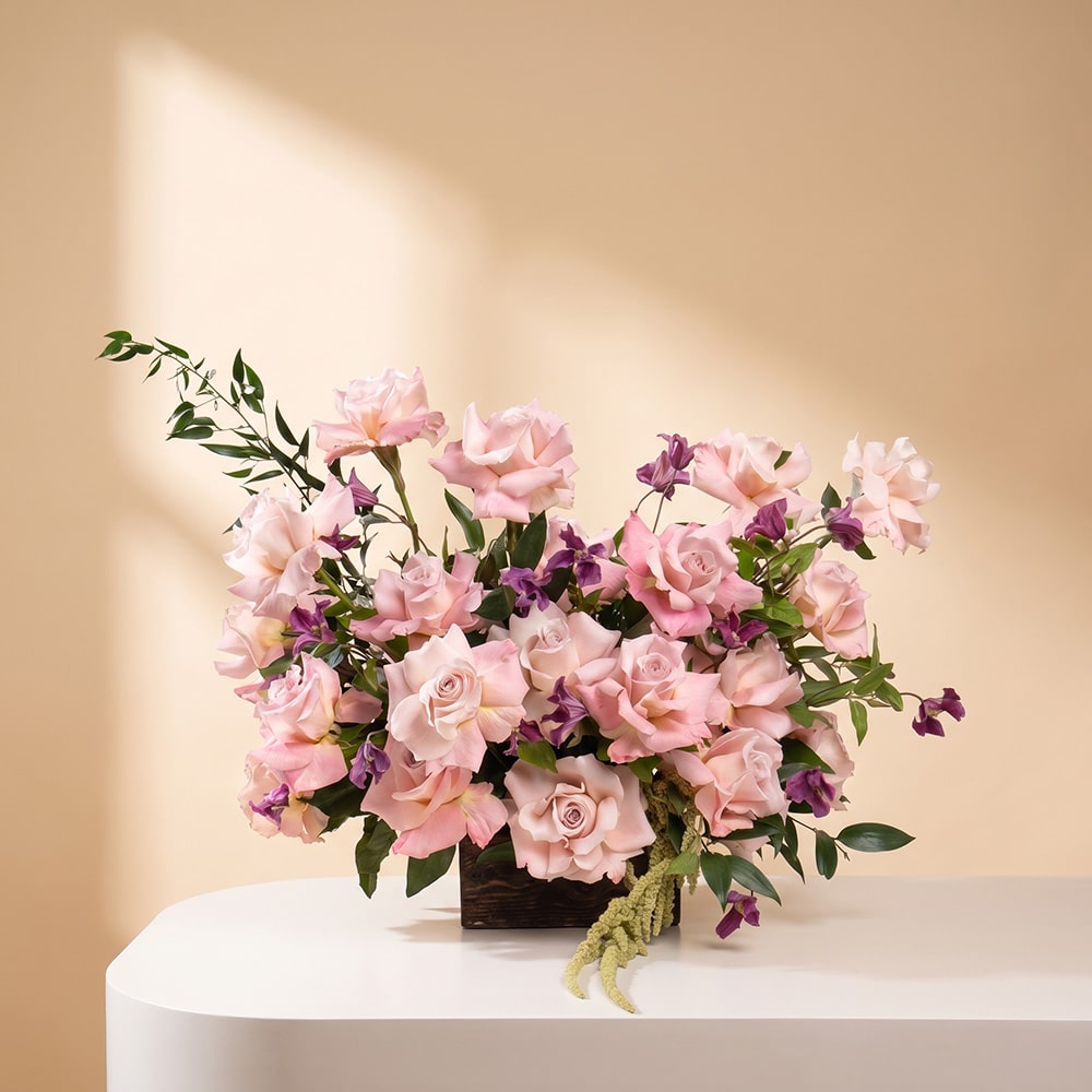 Blush Roses & Clematis Arrangement with Amaranthus & Ruscus