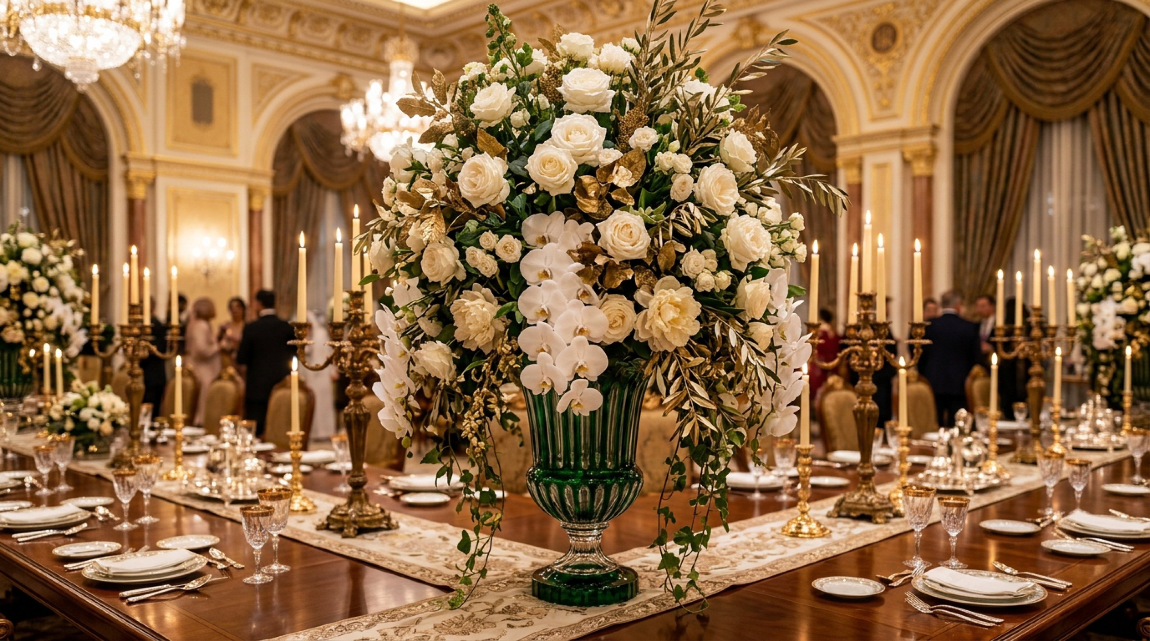 Plaza Hollandi grand luxury floral centerpiece in dark emerald crystal urn